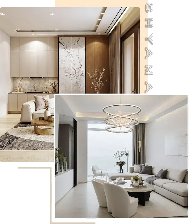 Elegant contemporary interior design with warm lighting and refined ceiling