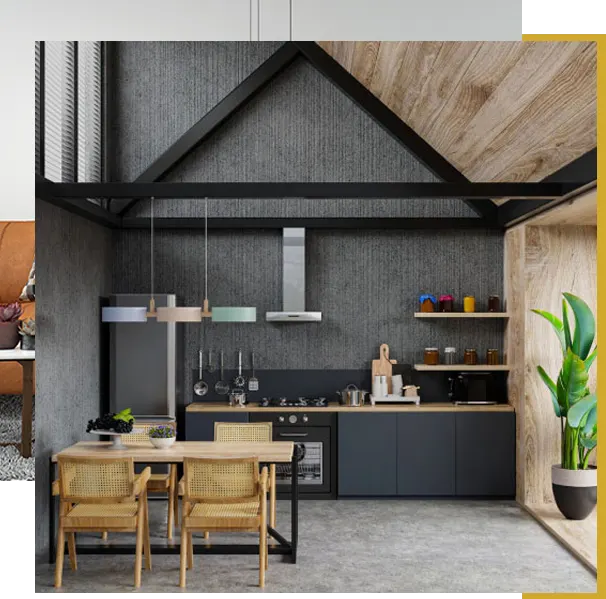 Modern kitchen with wooden accents and architectural details — refined, spacious interior